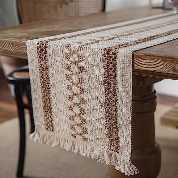 Zhuge Dining Table Runner Natural Burlap Tassels Table Runners 72 in Long for Wedding Bridal Party Banquets Decorations Rustic Farmhouse Kitchen Table Décor,Linen 3,12 x 72 Inch