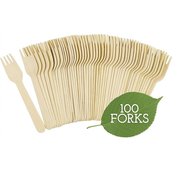 Zhuge Disposable Wooden Forks - 100 Piece - 6" Length Eco Friendly Biodegradable Compostable Wooden Cutlery Set Wooden Utensils