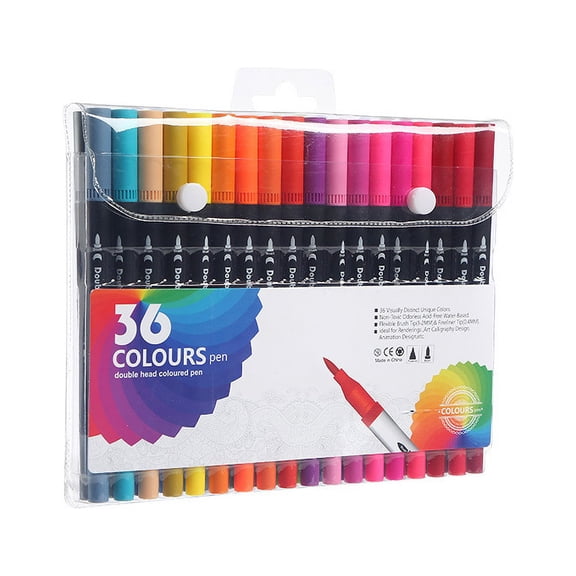 Zhuge Dual Tip Brush Pens (36 Colors), Double Ended Watercolor Pen Set with Water Based Highlighters & Fine Line Markers, Ideal for Outline Work, Artistic Drawing, Black pole