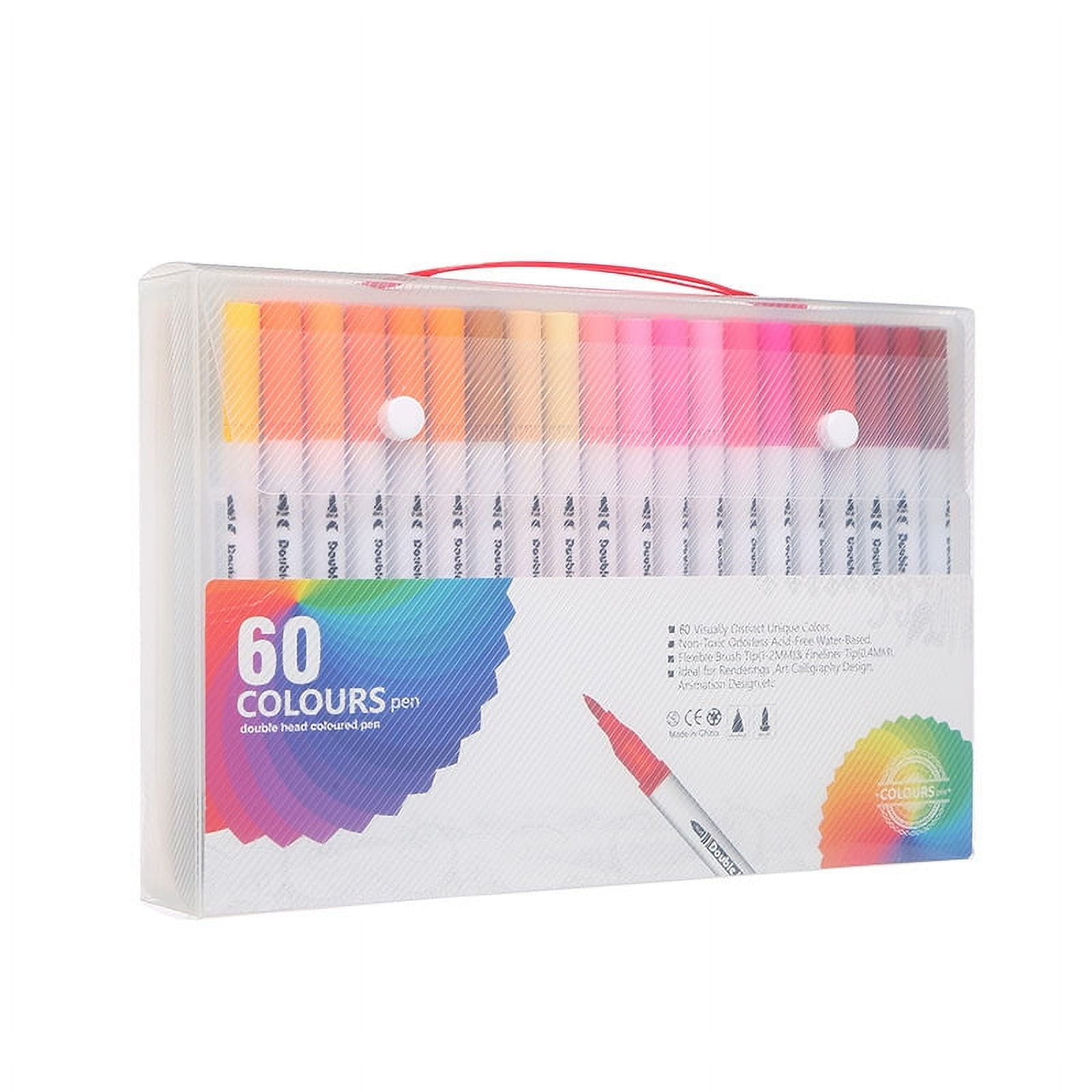 Zhuge Dual Tip Brush Pens (60 Colors), Double Ended Watercolor Pen Set with Water Based Highlighters & Fine Line Markers, Ideal for Outline Work, Artistic Drawing, White pole