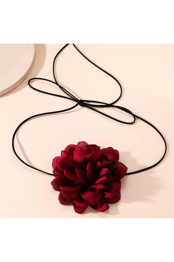 Elegant Large Floral Collar Tie Necklace, Adjustable Dainty Choker Neck Jewelry Stylish Accessory for Women Daily Wear, Wine Red