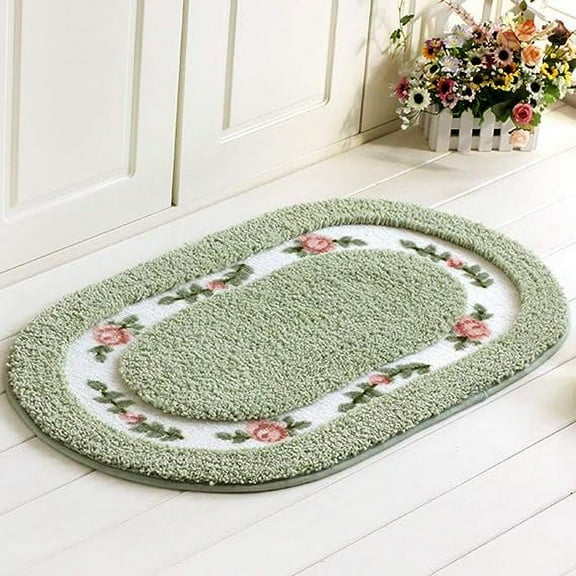 Zhuge Elegant Rose Flower Bathroom Rugs Bath Mat Door Mat Kitchen Welcome Mat Soft Non Slip Absorbent Rug Oval Green 16" X 24"