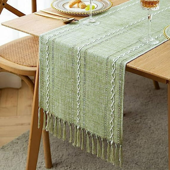 Zhuge Farmhouse Table Runner, Rustic Table Runners 72 Inches Long, Linen Boho Table Runner, Braided Striped Grass Green Table Runner for Dining Party Holiday, 13x72 Inches, Hollow Grass Green