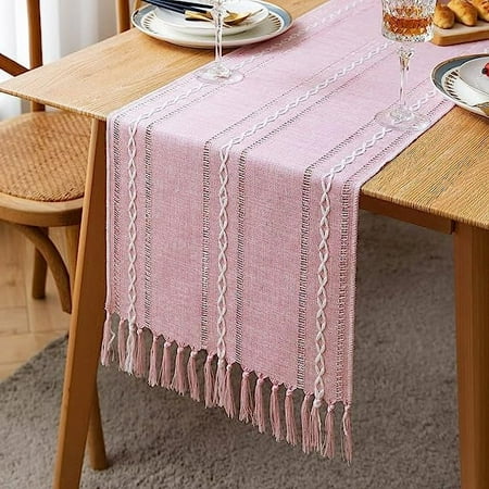Zhuge Farmhouse Table Runner, Rustic Table Runners 72 Inches Long, Linen Boho Table Runner, Braided Striped Pink Table Runner for Dining Party Holiday, 13x72 Inches, Hollow Pink