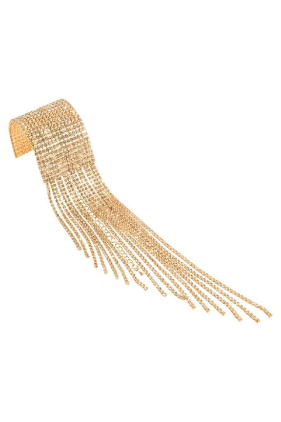 Fashion Sparkling Rhinestone Cuff Bracelet for Women Girls, Silver Crystal Strand Mulitlayer Prom Wrap Bracelet with Fringe for Party WeddingGold