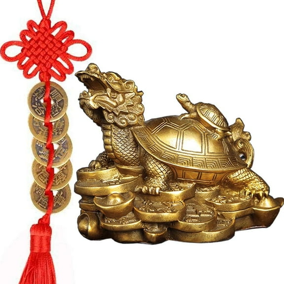 Zhuge Feng Shui Brass Dragon Turtle Statue Wealth Prosperity Sculpture with Set of 5 Lucky Charm Ancient Coins on Red String Best Housewarming Congratulatory Gift Home Decor (A)3.9*2.4*3.5in