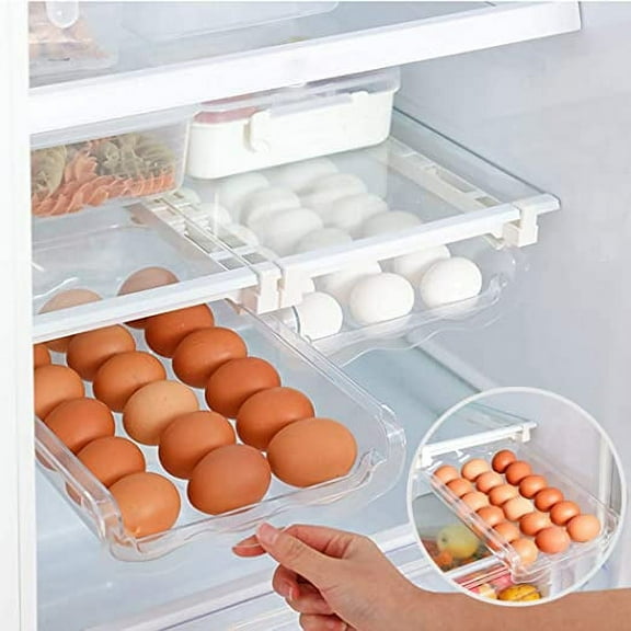 Zhuge Fridge Egg Holder, Pull Out Refrigerator Drawer Organizers Fridge Shelf Holder Storage Box Adjustable Snap On Refrigerator Egg Storage Box Container Eggs Tray for 18 Eggs Under 0.6" (1 PCS)