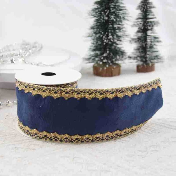 Zhuge Gold Glitter Trim Wired Velvet Ribbon 2.5in ×10Yd, Holiday Fabric Trim for Christmas Tree Decor, Wreath Building and Garland DIY Projects, Navy Blue