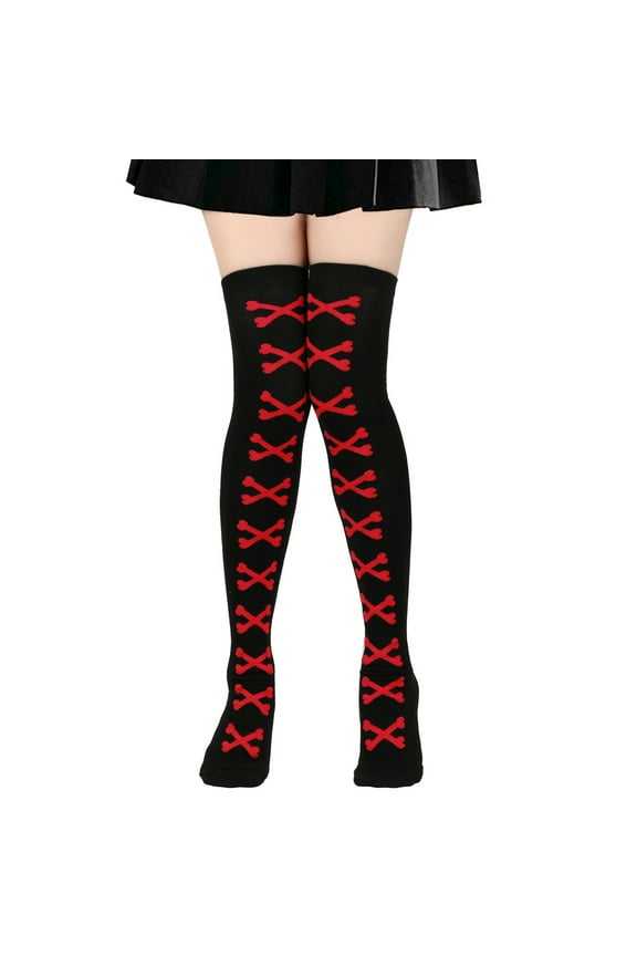 Halloween Over Knee Long Stockings, Cosplay Festival Costume Socks with Festive Style Black and Red bone