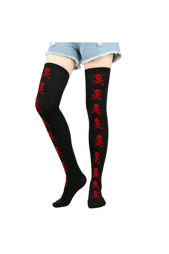 Halloween Over Knee Long Stockings, Cosplay Festival Costume Socks with Festive Style Red Skull Head