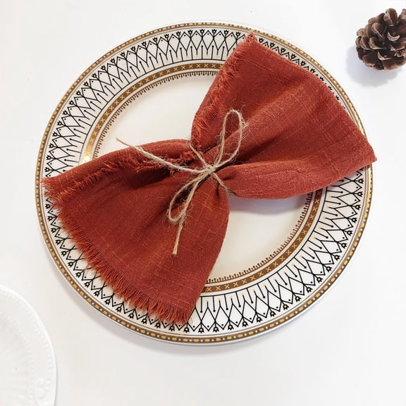 Zhuge Handcrafted Cloth Napkin Set, 6Pcs 16.5 x 16.5 in Fringe Cotton Linen Napkins Portable Bulk Table Decor for Bridal Shower Wedding Gathering, Rust Red