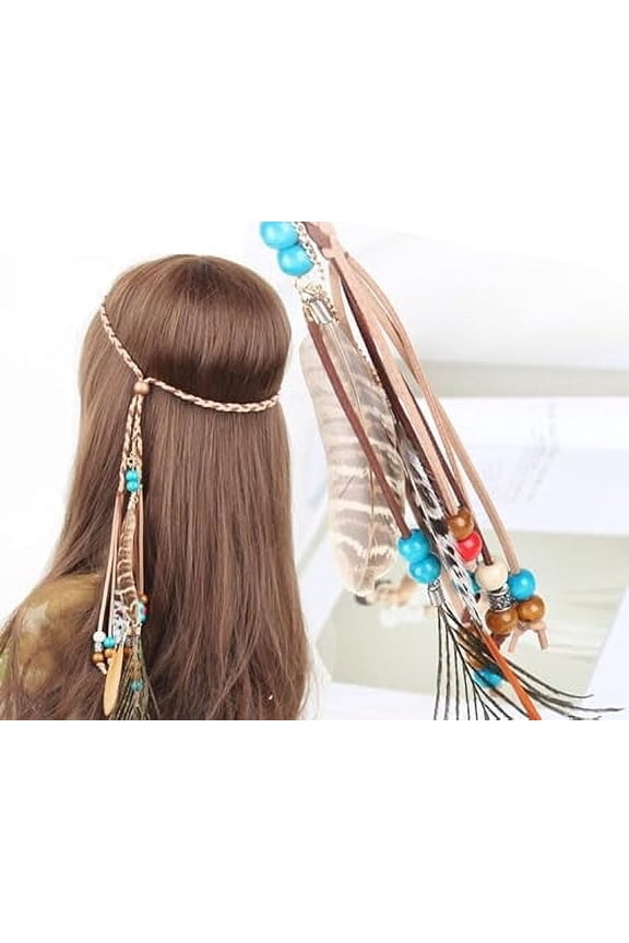 Handmade Feather Headband, Blue Adjustable Boho Head Chain Headdress for Women, A