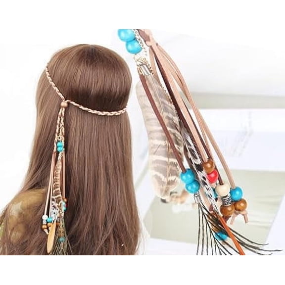 Zhuge Handmade Feather Headband, Blue Adjustable Boho Head Chain Headdress for Women, A