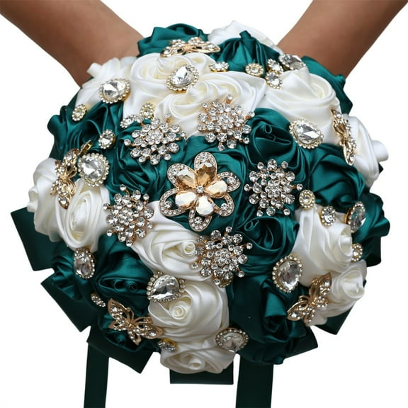 Zhuge Handmade Luxury Vintage Bridal Bouquet, Large Silk Rose Artificial Flower Bouquet for Bride & Royal-Style Weddings (Green+White)