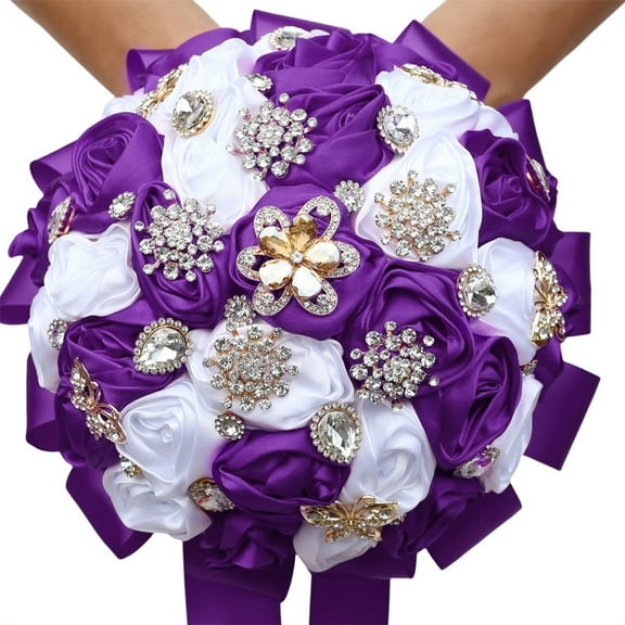 Zhuge Handmade Luxury Vintage Bridal Bouquet, Large Silk Rose Artificial Flower Bouquet for Bride & Royal-Style Weddings (Purple+White)
