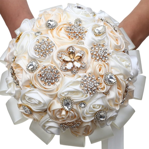 Zhuge Handmade Luxury Vintage Bridal Bouquet, Large Silk Rose Artificial Flower Bouquet for Bride & Royal-Style Weddings (White+Beige)