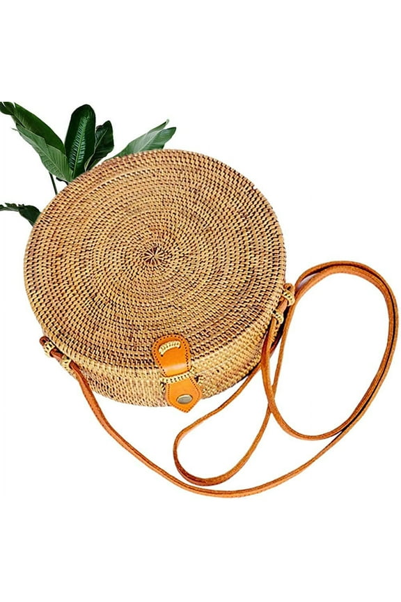 Handwoven Round Rattan Straw Bag for Women Shoulder Leather Button Straps Natural Chic Handmade Boho Bag Bali Purse