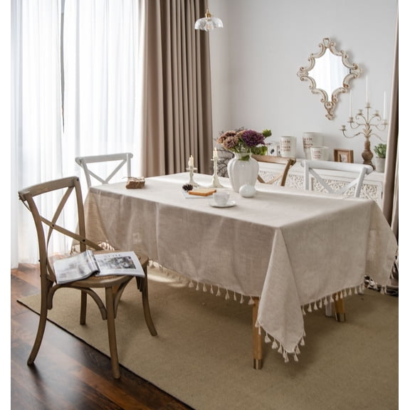 Zhuge Hemp Rope Tassel Tablecloth, Polyester Linen Blend Fabric, Rectangular Cover for Dining Tables & Tea Tables (Beige, 90 * 90cm)