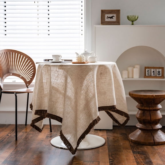 Zhuge Hemp Rope Tassel Tablecloth, Polyester Linen Blend Fabric, Rectangular Cover for Dining Tables & Tea Tables (Khaki, 300 * 140cm)