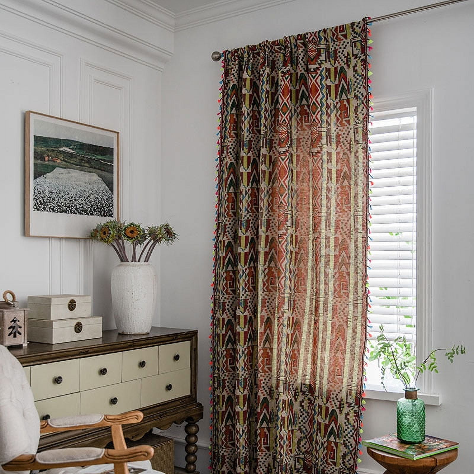 Zhuge Home Curtains for Bedroom Living Room,Semi-Blackout Country Cotton and linen Vintage Chic Tassels Hollow Window Treatment Rod Pocket Drape（2 Panel，70.8*59in,A71）