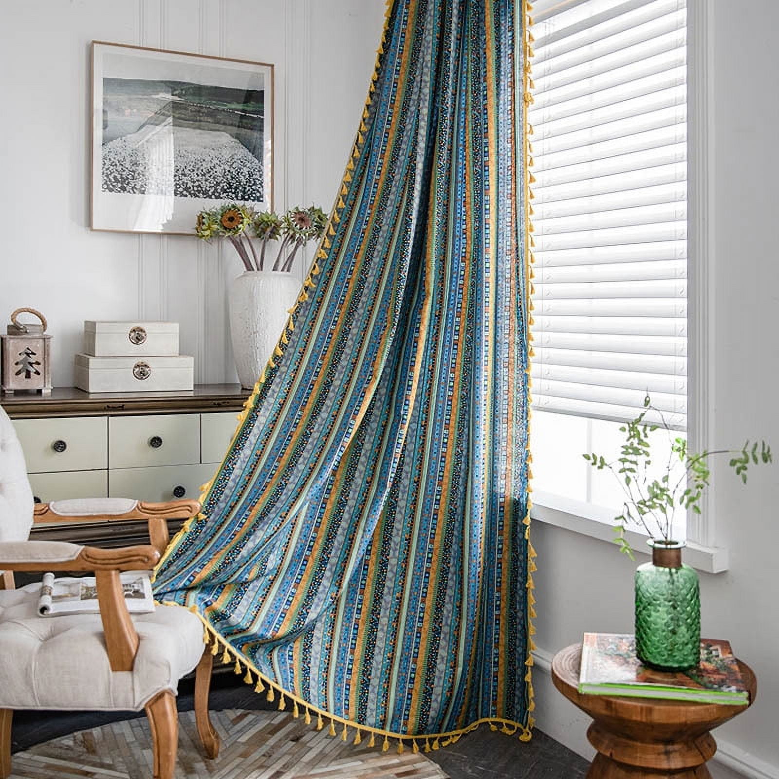 Zhuge Home Curtains for Bedroom Living Room,Semi-Blackout Country Cotton and linen Vintage Chic Tassels Hollow Window Treatment Rod Pocket Drape（2 Panel，86.6*59in,A65）