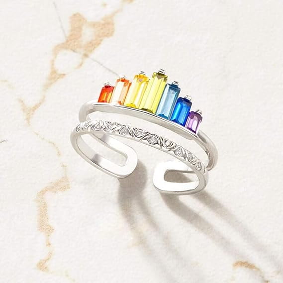 Zhuge Jewelry Ring Love Rings, Women Rainbow Open-end Crown Ring Adjustable Double Band Circlet Jewelry Gift Wedding Band Best Gifts for Love with Valentine's Day - Silver