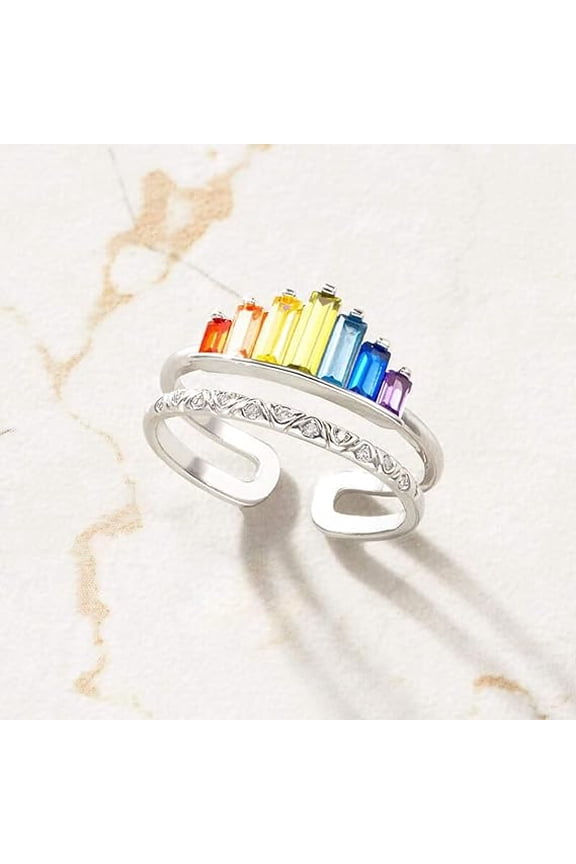 Jewelry Ring Love Rings, Women Rainbow Open-end Crown Ring Adjustable Double Band Circlet Jewelry Gift Wedding Band Best Gifts for Love with Valentine's Day - Silver