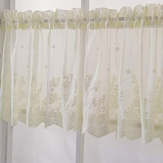 Zhuge Lace Sheer Kitchen Cafe Curtain Valance Floral Embroidered Rod Pocket Short Curtain for Small Window 1 Piece (51" x 16", Beige)