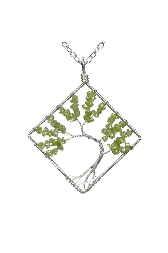 Life Tree Necklace Pendant, Men's and Women's Necklaces, Jewelry Pendant Handmade, Handwound Colorful Natural Stone Crystal Square Curved Life Tree Pendant Necklace (Light Green)