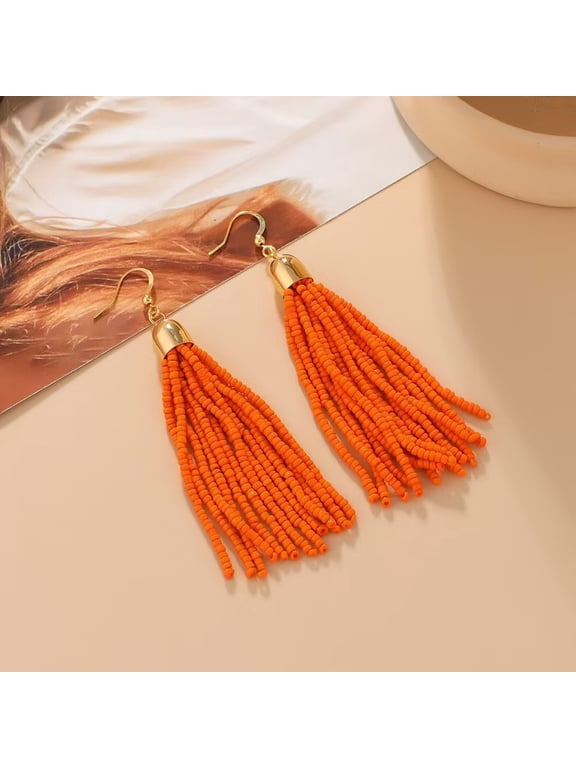 Long Beaded Fringe Statement Earrings, Handmade Seed Bead Tassel Drop Dangle Accessories for Women, Orange
