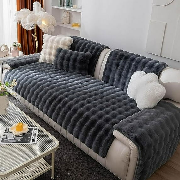 Zhuge Luxury Thick Faux Fur Plush Couch Cover Ultra Soft Anti-Slip Sofa Cover Fluffy Furry Sofa Slipcover Washable Furniture Protector for Kids Dogs Cats Pet ( Dark Grey,28"x28")