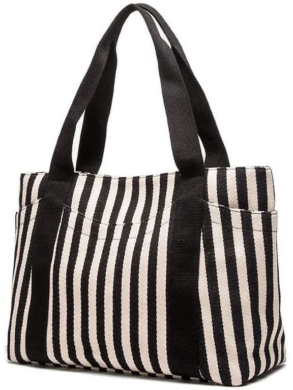 Medium Tote Handbag Black & White Striped Daily Satchel Shoulder Purses with Multi-Pockets Canvas Vaction Work Tote with Zipper Spring Summer Beach Bag Gifts for Womens (M Black+White)