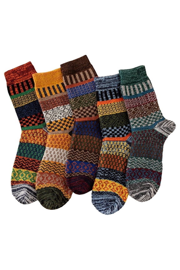 Men's Thick Wool Socks - 5 Pair Winter Mid Socks with Retro Patterns, Multi-Color Assortment