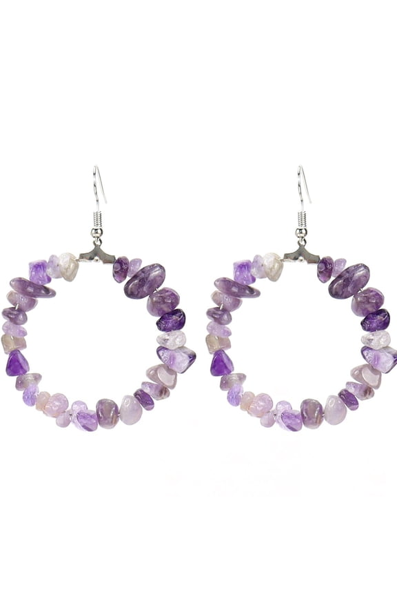 Personalized Natural Stone Earrings, Colorful Natural Stone Geometric Irregular Gravel Beaded Earrings, Round Ring Earrings (Purple)