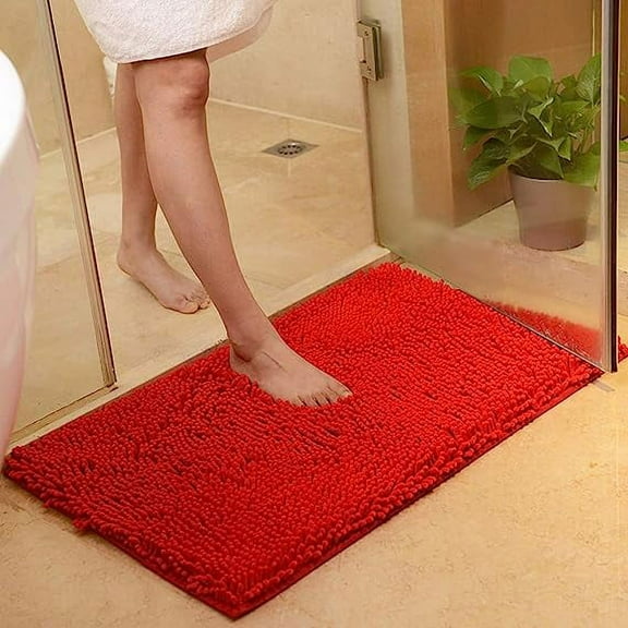 Zhuge Plush Chenille Bath Rugs Extra Soft and Absorbent Microfiber Shag Rug, Non-Slip Runner Carpet for Tub Bathroom Shower Mat Red 16" X 24"