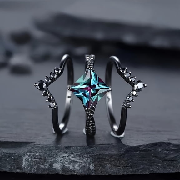 Zhuge Quadrate Stackable Rings Cubic Zirconia Blue Engagement Rings for Women Black Retro exaggeration Rings Set Womens Jewelry,Size 5