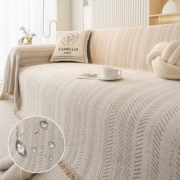 Zhuge Retro Fishbone Pattern 3-Seater Sofa Protector, Waterproof Washable Universal Decor Cover for Living Room, 71 * 165 inches, 1 piece, khaki