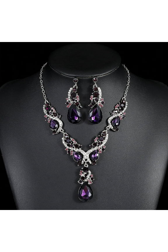 Rhinestone Bridal Jewelry Sets for Women Crystal Necklace Earrings Jewelry Sets for Wedding Bridal Bridesmaid Gifts Evening Party Prom Jewelry Set-Purple