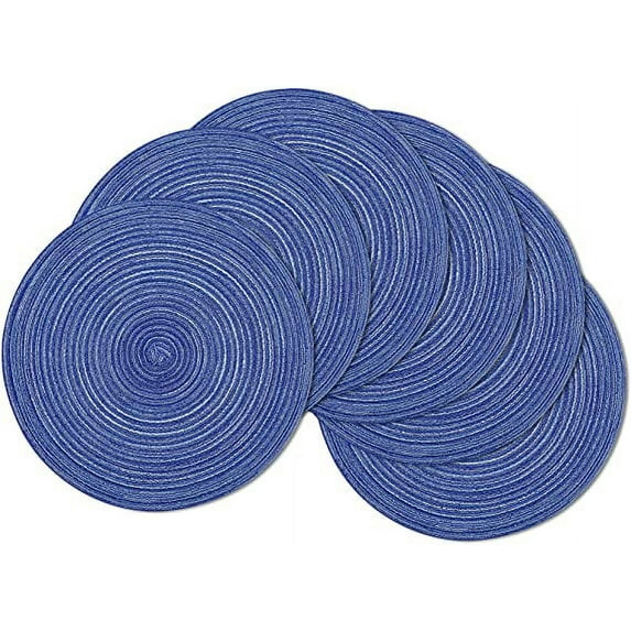 Zhuge Round Braided Placemats 15 inch Washable Kitchen Table Placemats for Home Wedding Party (Blue White, 6)