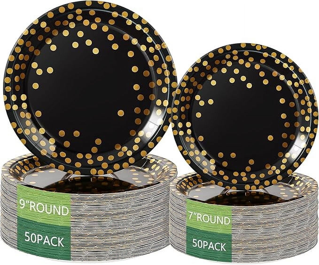 Zhuge Round Disposable Paper Plates for All Occasions - 100 Pack - 50 x 9" and 50 x 7" Dinner Plates, Golden Foil Polka Dots , Black and Gold Party Supplies