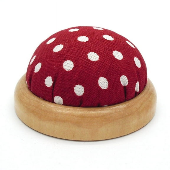 Zhuge Round Pin Cushion with Wooden Base and Printed Floral Fabric Coated for Daily Needlework (Red)