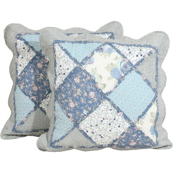 Zhuge Set of 2 Quilted 100% Cotton Boho Throw Pillow Covers 18" x 18" Farmhouse Country Floral Patchwork Decorative Cushion Cover, Patchwork Flower C
