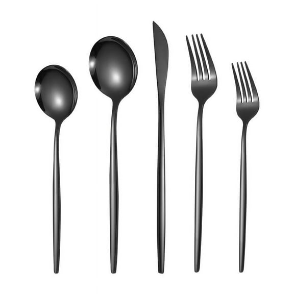 Zhuge Silverware Set, 20pcs Stainless Steel Knives Spoon Forks Set for Home, Kitchen and Restaurant, Mirror Polished Dishwasher Safe (Black)