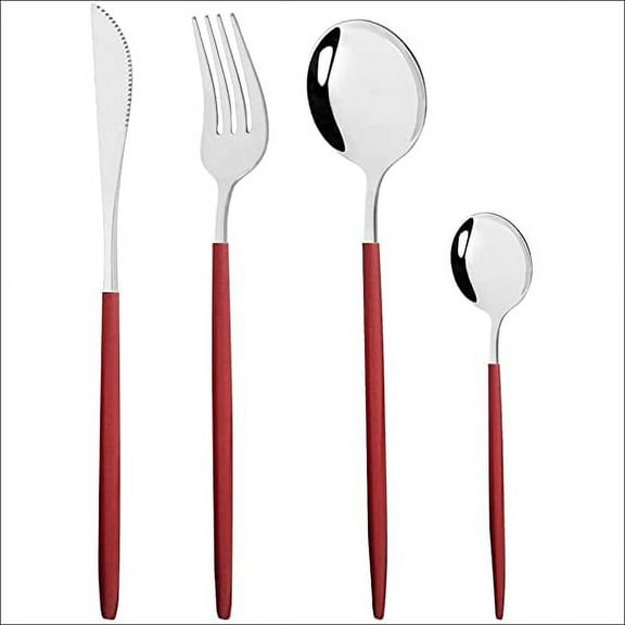 Zhuge Silverware Set - Stainless Steel Reusable Utensils Flatware Set, Mirror Cutlery Flatware Set, Great for Family Gatherings & Daily Use (Service For 6, Red Handle Silver)
