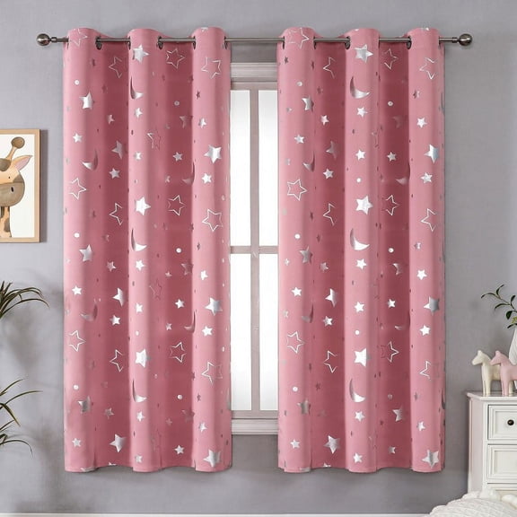 Zhuge Simple-Style Perforated Curtains, Heat-Transferred Star & Moon Patterns, Shading Window Treatments for Bedroom, Living Room & Kitchen2 Panels 51.1" L x39.3" WPink A101