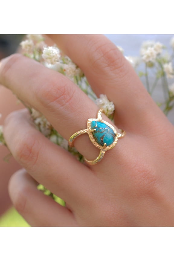 Size 10 Retro Simple Turquoise Teardrop Ring Handmade Inlaid Jewelry-1 Piece