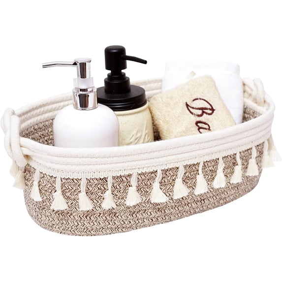 Zhuge Small Cotton Rope Woven Toilet Paper Baskets for Organizing Decorative Basket for Boho Decor Storage, Bedroom Nursery Livingroom Entryway 13.8*5.1*4.3inch(Light Brown)