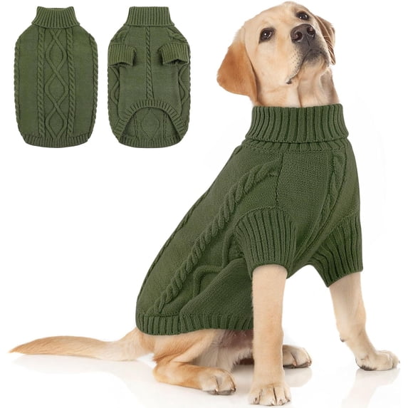 Zhuge Small Dog Turtleneck Pullover Sweater, Thick Cable Knit Cold Weather Clothes for Chihuahua, Pug & More, L, Dark Green