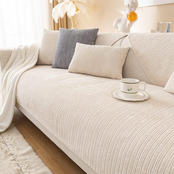 Zhuge Soft Chenille Sofa Couch Cover Solid Color Striped Weave Textured Sectional Couch Covers Washable Anti-Slip Sofa Slipcover for Dogs Pet, 1 Piece/Not All Set (Cream,27"x27")