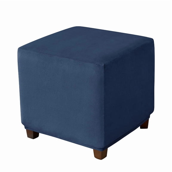 Zhuge Square Footstool Cover Square Velvet Storage Slipcovers Thick Stretch Footrest Foot Stool Covers Protector with Elastic, Small, Navy Blue